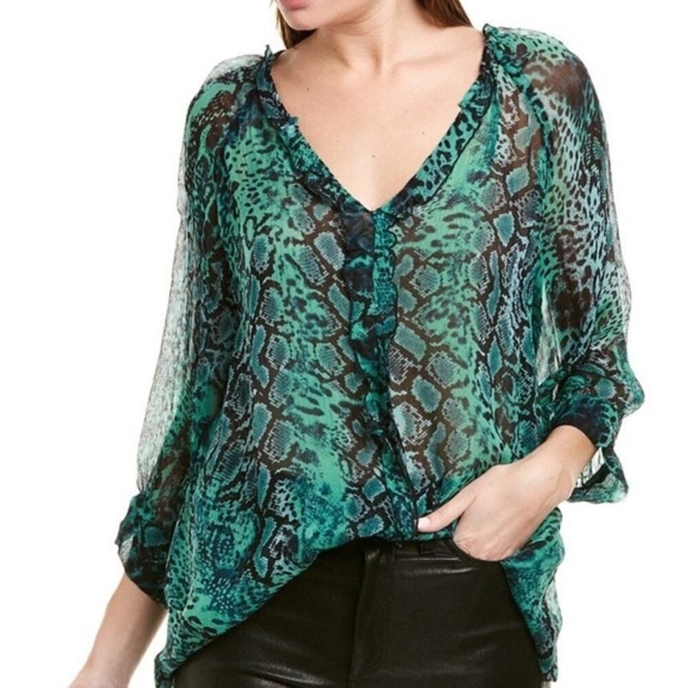 Ba&sh Rick Ruffled Animal Print 3/4 Sleeve Top Blouse V-Neck Green Sz M